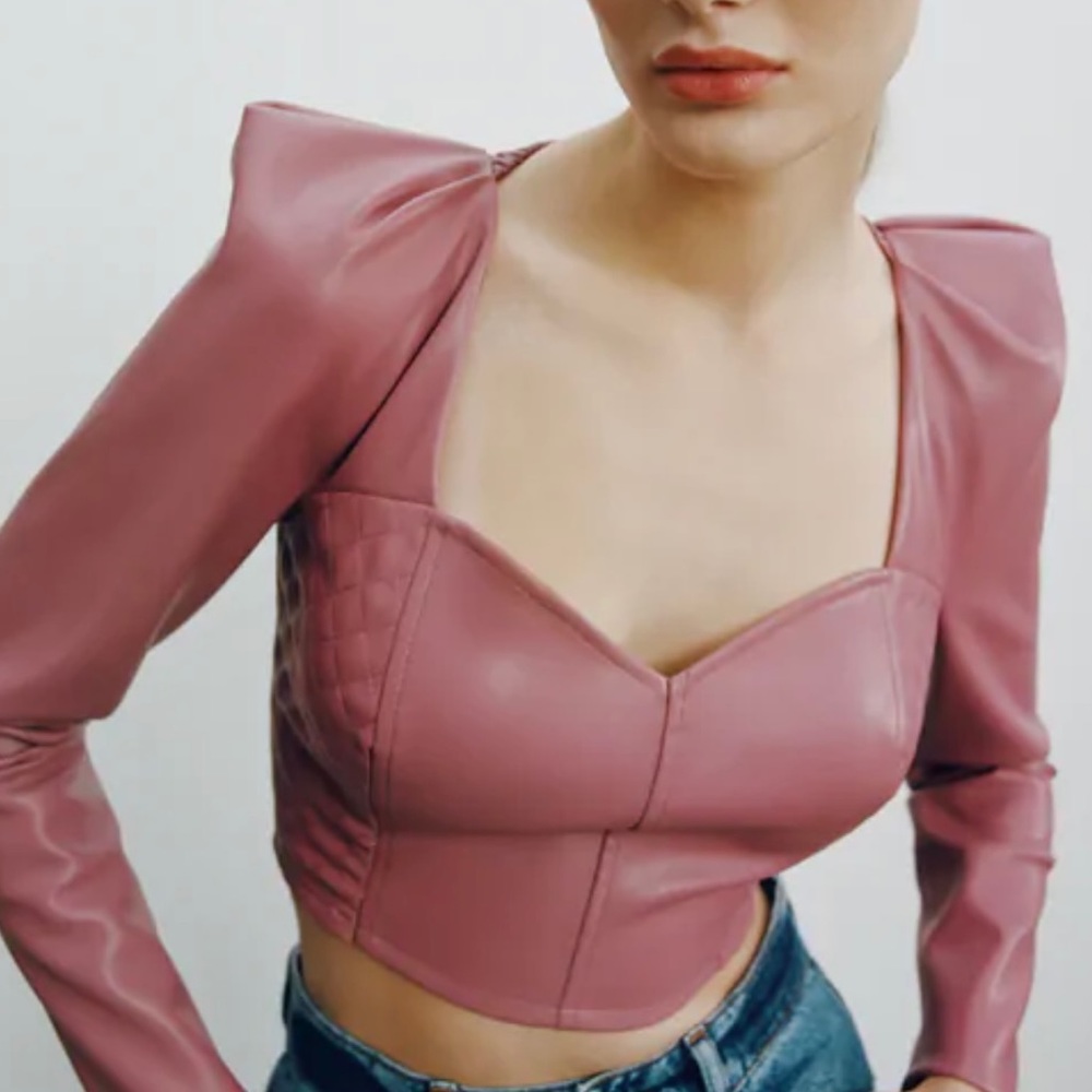 2020 pink faux leather puff sleeve smocked top